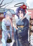  2girls absurdres black_kimono blue_archive blue_flower blue_kimono closed_mouth flower grey_hair halo highres japanese_clothes jbell kimono long_hair long_sleeves mechanical_halo multiple_girls noa_(blue_archive) obi omikuji open_mouth purple_eyes purple_flower purple_hair red_flower sash smile wide_sleeves yuuka_(blue_archive) 