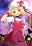  1girl :d arm_up blonde_hair blurry blurry_background blush bow collared_shirt commentary_request commission crystal depth_of_field fangs flandre_scarlet hat hat_bow head_tilt kou_hiyoyo long_hair looking_at_viewer mob_cap pleated_skirt pointy_ears puffy_short_sleeves puffy_sleeves red_bow red_eyes red_skirt red_vest shirt short_sleeves skeb_commission skirt smile solo touhou two_side_up very_long_hair vest white_headwear white_shirt wings wrist_cuffs yellow_bow 
