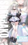  1girl black_footwear black_jacket blue_archive blush dress full_body grey_hair hair_between_eyes halo highres jacket long_hair long_sleeves looking_at_viewer open_mouth picter purple_eyes sakurako_(blue_archive) shoes solo white_dress yellow_halo 