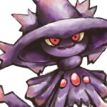  closed_mouth colored_sclera english_commentary ghost looking_at_viewer mismagius no_humans pokemon pokemon_(creature) red_eyes sailorclef simple_background smile solo white_background yellow_sclera 