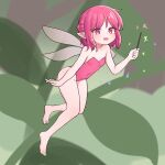  1girl absurdres bare_legs barefoot breasts commentary_request covered_navel fairy fairy_wings flying full_body highres ju_ge leotard medium_hair mini_person minigirl original pink_eyes pink_hair pink_leotard pointy_ears small_breasts solo strapless strapless_leotard wand wings 