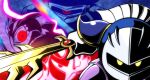  1girl armor cape dark_matter dark_matter_blade ddddndn galacta_knight galaxia_(sword) highres holding holding_sword holding_weapon kirby:_planet_robobot kirby_(series) looking_at_viewer mask meta_knight no_humans pauldrons queen_sectonia red_eyes shoulder_armor sword weapon 