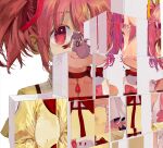  1girl absurdres bow bow_choker bowtie choker collarbone commentary cube different_reflection hair_ribbon highres juliet_sleeves kaname_madoka kyubey long_sleeves looking_at_viewer mahou_shoujo_madoka_magica mahou_shoujo_madoka_magica_(anime) mihifu mitakihara_school_uniform one_eye_covered pink_eyes pink_gemstone pink_hair portrait puffy_sleeves red_bow red_bowtie red_choker reflection ribbon school_uniform short_hair short_twintails simple_background smile twintails ultimate_madoka white_background yellow_eyes 