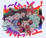  4girls :d animal_hands arms_up black_hair blue_dress blue_eyes blue_gloves blunt_bangs bow braid brown_hair commentary demon_tail dress fangs frilled_dress frills gaaruru_(pripara) gloves grey_hair hair_bow hand_up hug idol_clothes idol_time_pripara jumping koda_michiru kurosu_aroma long_hair looking_at_viewer looking_to_the_side miichiru_(pripara) multiple_girls one_eye_closed open_mouth paw_gloves paw_shoes ponytail pretty_series pripara puffy_short_sleeves puffy_sleeves red_eyes red_hair rituyama1 shiratama_mikan short_sleeves smile symbol-only_commentary tail tiara translation_request twin_braids twintails very_long_hair wavy_hair yellow_eyes 