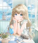  1girl blonde_hair blue_eyes blue_sky braid camera cherry closed_mouth cloud commentary earrings elbows_on_table flower food fruit hair_ribbon hands_on_own_face highres hoshiibara_mato ice_cream ice_cream_float indoors jewelry lavender_(flower) long_hair looking_at_viewer ocean original ribbon sky smile solo spoon watch white_flower window wristwatch 