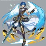  1boy armor blue_hair falling_feathers fayt_leingod fingerless_gloves gloves glowing glowing_feather glowing_wings green_eyes grey_background grin holding holding_sword holding_weapon looking_at_viewer male_focus official_alternate_costume official_art pokimari short_hair short_sleeves simple_background skin_tight smile standing standing_on_one_leg star_ocean star_ocean_anamnesis star_ocean_till_the_end_of_time sword weapon wings 