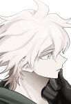  1boy absurdres ahoge black_gloves danganronpa_(series) danganronpa_2:_goodbye_despair gloves grey_eyes hand_on_own_chin hand_up highres komaeda_nagito male_focus messy_hair multicolored_hair natsukusa_(hacho129) portrait profile simple_background smile solo teeth two-tone_hair white_hair 