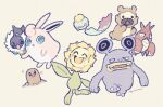  bidoof bird black_eyes blue_eyes brown_fur chatot chimecho claws closed_eyes colored_skin corphish diglett floating loudred open_mouth pink_skin pokemon pokemon_(creature) signature simple_background sitting smile sparkle sunflora teeth walking white_background wigglytuff yellow_eyes yurano_(upao) 
