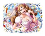  1girl bridal_veil brown_eyes brown_hair charlotte_pudding dress flower hair_ornament looking_at_viewer official_art one_piece one_piece_treasure_cruise open_mouth rose third_eye veil wedding_dress white_dress 