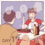  1boy 1girl animal black_hair brown_hair cat couple food hachimaki hair_bun headband highres jorori kotatsu original short_hair table takoyaki 