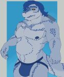 anthro chubby_male clothed clothing fish hair hi_res humanoid jockstrap kaal_(secretkaal) looking_at_viewer male mammal marine muscular muscular_anthro muscular_male nipples shark slightly_chubby smile solo tail teeth underwear unknown_artist