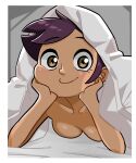  1girl absurdres bed_sheet blanket blush highres looking_at_viewer luz_noceda n_k_m nude purple_hair short_hair smile solo the_owl_house yellow_eyes 