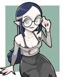  1girl absurdres adjusting_eyewear blue_hair bra_strap breasts dress glasses grey_hair hand_on_eyewear heterochromia highres lilith_clawthorne lips long_hair looking_at_viewer n_k_m nail_polish off_shoulder pointy_ears shirt simple_background sitting smile solo stitches the_owl_house 