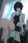  1girl absurdres black_choker black_dress black_hair choker closed_mouth coat collarbone crossed_legs daydarion desk dress highres jewelry long_sleeves looking_at_viewer medium_hair necklace on_chair open_clothes open_coat persona persona_5 red_eyes sitting smile solo spiked_choker spikes takemi_tae white_coat x-ray_film 