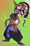  1girl arabian_clothes artist_name dark-skinned_female dark_skin frye_(splatoon) green_background halloween highres inkling inkling_girl m4carunes midriff multicolored_eyes navel nintendo pants purple_pants solo splatoon_(series) splatoon_3 