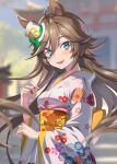  1girl animal_ears aqua_eyes blurry blurry_background brown_hair floral_print hair_between_eyes hat highres horse_ears horse_girl japanese_clothes kimono long_hair looking_at_viewer mini_hat mr._c.b._(umamusume) obi open_mouth print_kimono sash smile solo takase_hiro umamusume very_long_hair white_headwear white_trim wide_sleeves 