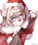  1girl 1other animal_ear_fluff animal_ears blonde_hair blue_eyes coat commentary constricted_pupils crossed_bangs dog_ears double-parted_bangs english_commentary expressionless fake_horns fur-trimmed_coat fur_trim hair_between_eyes hair_intakes hairband hat hololive hololive_english horns incoming_attack incoming_punch looking_at_viewer mococo_abyssgard motion_blur multicolored_hair pink_hair pink_hairband pov punching red_coat red_headwear santa_costume santa_hat short_hair simple_background sobbi11 solo streaked_hair twitter_username two_side_up upper_body virtual_youtuber white_background 