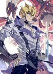  1boy artist_name black_choker black_pants blonde_hair choker coat dated dragon duel_disk duel_monster e_volution earrings fangs horns jack_atlas jewelry necklace open_mouth pants purple_eyes red_dragon_archfiend spiked_hair white_coat yellow_eyes yu-gi-oh! yu-gi-oh!_5d&#039;s 