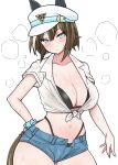  1girl absurdres animal_ears belt bikini black_bikini blue_belt blue_eyes blue_scrunchie blue_shorts blush breasts brown_hair cheval_grand_(umamusume) cleavage closed_mouth collared_shirt contrapposto denim denim_shorts hair_between_eyes hand_on_own_hip hat hat_belt head_tilt highleg highleg_bikini highres horse_ears horse_girl horse_tail large_breasts looking_at_viewer micro_shorts midriff multicolored_hair navel open_clothes open_shirt open_shorts peaked_cap ponzu005 scrunchie shirt short_hair short_sleeves shorts simple_background solo steaming_body streaked_hair string_bikini sweat swimsuit tail thighs tied_shirt two-tone_hair umamusume white_background white_hair white_shirt wrist_scrunchie 
