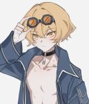  1boy absurdres bishounen blonde_hair choker ebf7l goggles highres jacket limbus_company male_focus project_moon short_hair simple_background sinclair_(project_moon) solo sweat topless_male white_background yellow_eyes 