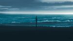  1girl absurdres cloud full_body highres horizon looking_afar nothingblues_yuki ocean original outdoors sand silhouette solo standing water 