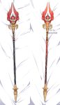  artist_name bed dakimakura_(medium) english_commentary from_above genshin_impact kaxukin multiple_views no_humans polearm spear staff_of_homa_(genshin_impact) twitter_username weapon 