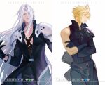  2boys armor bangs belt black_gloves blonde_hair blue_eyes cloud_strife crossed_arms final_fantasy final_fantasy_vii gloves green_eyes long_bangs long_coat long_hair male_focus messy_hair multiple_boys pauldrons sephiroth shirt short_hair shoulder_armor single_pauldron sleeveless sleeveless_shirt slit_pupils xianyu314 