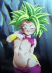 1girl blue_eyes blush bracer breasts clothes_lift clothes_pull collarbone crop_top dragon_ball dragon_ball_super earrings green_hair jewelry kefla_(dragon_ball) looking_at_viewer midriff muscular muscular_female navel nipples no_bra pants pants_pull potara_earrings pulled_by_self rom_(20) saiyan shirt_lift solo spiked_hair super_saiyan sweat underboob undressing 