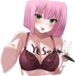  1girl :p blurry blush bob_cut body_writing bra breasts brown_bra cleavage closed_mouth collarbone commentary depth_of_field eyelashes fang fingernails flirting floral_print green_eyes hair_between_eyes heart highres holding holding_marker looking_at_viewer marker medium_breasts naughty_face pink_hair selfie short_hair simple_background smile solo tanikaze_amane tenshi_souzou_re-boot! tft_(tft7822) tongue tongue_out translated tsurime underwear upper_body v white_background yes 