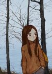  1girl blush brown_eyes brown_hair brown_sweater closed_mouth day freckles hands_in_pockets highres io_(onisarashi) long_hair long_sleeves looking_away original outdoors solo sweater tree water 