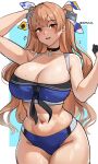  1girl abs bikini blue_bikini blush breasts brown_eyes choker cleavage commentary_request commission cowboy_shot cromwellb front-tie_bikini_top front-tie_top hair_between_eyes hair_ornament hair_ribbon hands_on_own_hips highres johnston_(kancolle) kantai_collection light_brown_hair long_hair looking_at_viewer medium_breasts narrow_waist navel official_alternate_costume open_mouth pixiv_commission ribbon simple_background solo stomach sweat swimsuit toned twitter_username two_side_up very_long_hair wide_hips 