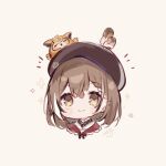  1girl beret blush braid braided_bangs brown_eyes brown_hair chibi feathers hat hololive hololive_english hootsie_(nanashi_mumei) japanese_clothes kimono nanashi_mumei nanashi_mumei_(new_year) official_alternate_costume red_shawl ribbon sencha_(senta_10) shawl short_hair sketch smile sparkle virtual_youtuber white_kimono 