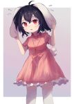  1girl :3 :d ahoge animal_ears ar_(maeus) bangs black_hair carrot_necklace dress feet_out_of_frame floppy_ears flying_sweatdrops grey_background highres inaba_tewi jewelry looking_at_viewer necklace open_mouth pink_dress rabbit_ears rabbit_girl rabbit_tail red_eyes short_hair short_sleeves smile solo standing tail touhou 