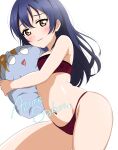  1girl absurdres artist_name azuresakura blue_hair blush bra breasts commentary_request hair_between_eyes highres hugging_object long_hair looking_at_viewer love_live! love_live!_school_idol_project navel panties pillow pillow_hug red_bra red_panties simple_background small_breasts solo sonoda_umi stomach underwear underwear_only wavy_hair white_background yellow_eyes 