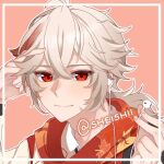  1boy alternate_costume artist_name closed_mouth fingernails genshin_impact grey_hair hair_between_eyes headphones kaedehara_kazuha male_focus multicolored_hair red_background red_eyes red_hair red_scarf scarf sheishii smile streaked_hair twitter_username 