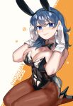  1girl animal_ears black_footwear black_leotard blue_eyes blue_hair bow bowtie breasts brown_pantyhose bunny_pose byleth_(female)_(fire_emblem) byleth_(fire_emblem) chocojax cleavage covered_navel detached_collar fake_animal_ears fake_tail fire_emblem fire_emblem:_three_houses gloves high_heels highres large_breasts leotard lips pantyhose playboy_bunny rabbit_ears rabbit_tail seiza shiny_footwear sitting smile solo strapless strapless_leotard tail white_gloves wrist_cuffs 