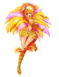  1girl absurdres arm_up blonde_hair blush breasts brown_eyes earrings feathers full_body gem gingira_paradise_mugen_carnival headdress high_heels highres jewelry large_breasts long_hair non-web_source official_art one_eye_closed open_mouth photoshop_(medium) platform_footwear samba shiny_skin solo sweat teeth transparent_background upper_teeth_only 