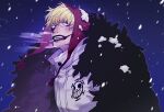  1boy blonde_hair cape cigarette coat coat_on_shoulders donquixote_rocinante feather_coat frog_of_hell fur_cape fur_coat hat highres hood makeup male_focus one_piece red_eyes smoking snow snowing solo winter 