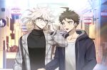  2boys :d ahoge black_sweater brown_eyes brown_hair collarbone danganronpa_(series) danganronpa_2:_goodbye_despair glasses grey_hair grey_jacket grey_shirt highres hinata_hajime hood hood_down jacket komaeda_nagito looking_at_another male_focus messy_hair multiple_boys natsukusa_(hacho129) open_clothes open_jacket shirt short_hair sign smile sweatdrop sweater teeth train_interior 