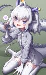  1girl blush claw_pose dragon_ears dragon_girl dragon_horns dragon_tail elbow_gloves fangs fingerless_gloves garter_straps gloves grey_eyes grey_gloves grey_shirt hair_between_eyes heart highres horns kemono_friends kemono_friends_3 long_sleeves looking_at_viewer mogurii no_shoes open_mouth pleated_skirt scales shirt short_hair sidelocks skirt smile solo spoken_heart tail thighhighs white_dragon_(kemono_friends) white_hair white_skirt white_thighhighs zettai_ryouiki 