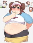 ... 1girl absurdres alternate_body_size blue_eyes blush breasts brown_hair burger cowboy_shot cropped_legs double_bun eating fat food hair_between_eyes hair_bun highres large_breasts long_hair looking_at_viewer muffin_top navel nimo_(b45ui) open_mouth pantyhose parted_lips pokemon pokemon_bw2 puff_of_air rosa_(pokemon) simple_background thick_arms thick_thighs thighs twintails upper_body visor_cap 