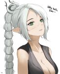  1girl baldur&#039;s_gate baldur&#039;s_gate_3 bare_shoulders braid breasts brown_shirt cleavage collarbone dungeons_and_dragons elf english_commentary english_text eroborne green_eyes grey_background grey_hair large_breasts looking_at_viewer official_alternate_hair_color parted_bangs pointy_ears shadowheart_(baldur&#039;s_gate) shiny_skin shirt simple_background solo 