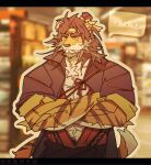  ... absurdres animal_ears arknights bara crossed_arms currycat24 furry furry_male headband highres huai_tianpei_(arknights) long_hair looking_at_viewer male_focus mouth_hold solo solo_focus stalk_in_mouth tail thick_eyebrows tiger tiger_ears tiger_tail veins 