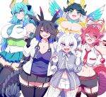  5girls ahoge aqua_hair arm_up behind_another belt black_dragon_(kemono_friends) black_hair black_horns blonde_hair blue_dragon_(kemono_friends) blue_eyes blue_hair blush breast_pocket breasts claw_pose closed_mouth coat collared_shirt cropped_shirt doctor dragon_ears dragon_girl dragon_horns dragon_tail fangs fingerless_gloves garter_straps gloves hands_up height_difference highres holding holding_syringe horns impossible_clothes impossible_shirt japari_symbol kemono_friends kemono_friends_3 kirin_(kemono_friends) lab_coat long_hair looking_at_viewer mamiyama midriff miniskirt multicolored_hair multicolored_horns multiple_girls navel necktie one_eye_closed open_clothes open_coat open_mouth orange_hair parted_bangs pink_horns pocket purple_eyes purple_hair purple_horns red_dragon_(kemono_friends) red_eyes red_hair red_horns shirt shorts skindentation skirt slit_pupils smile stethoscope stomach syringe tail thighhighs underbust very_long_hair white_coat white_dragon_(kemono_friends) white_hair wing_collar wings yellow_horns 