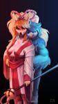 absurd_res anthro asian_clothing avian bird blue_hair breasts canid canine ceroba_(undertale_yellow) choccodoggo_(artist) clothing duo east_asian_clothing embrace female female/female fox fur hair hi_res hug hugging_from_behind japanese_clothing kimono looking_at_another mammal martlet_(undertale_yellow) muscular muscular_anthro muscular_female orange_body orange_fur side_boob under_boob undertale_(series) undertale_yellow