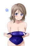  1girl barkhorn0331 blue_eyes blush breasts cleavage competition_swimsuit highres large_breasts love_live! love_live!_sunshine!! one-piece_swimsuit short_hair simple_background smile solo swimsuit undressing watanabe_you 
