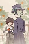  2girls aged_down black_hair blue_bow boater_hat bow coat crayon_drawing curly_hair facing_away food from_behind fruit grass grey_hair grey_shirt grey_skirt hat hat_bow highres holding holding_food holding_fruit long_sleeves looking_at_another multiple_girls no_eyes official_art open_mouth orange_(fruit) orange_tree purple_coat purple_headwear reverse:1999 schneider_(reverse:1999) shirt short_hair short_sleeves skirt smile tree upper_body vertin_(reverse:1999) yellow_background 
