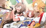  4girls admire_vega_(umamusume) ahoge animal_ears bass_guitar blonde_hair brown_hair closed_eyes closed_mouth commentary_request commission drum drum_set drumsticks ear_covers ear_ornament ear_ribbon guitar hair_between_eyes hair_ribbon hairband hands_up highres holding holding_drumsticks holding_guitar holding_instrument holding_microphone horse_ears horse_girl horse_tail indoors instrument long_hair looking_at_another medium_hair meisho_doto_(umamusume) microphone moffumoto multicolored_hair multiple_girls music narita_top_road_(umamusume) open_mouth orange_hair pink_eyes pink_hairband playing_guitar playing_instrument ponytail profile purple_ribbon ribbon shirt short_hair short_sleeves singing single_ear_cover skeb_commission smile streaked_hair sweat t.m._opera_o_(umamusume) tail umamusume white_hair white_ribbon white_shirt yellow_tail 