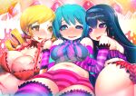  3girls akemi_homura aqua_shirt areola_slip ass asymmetrical_legwear bare_shoulders black_hair black_hairband blonde_hair blue_eyes blue_hair blush bra breasts cake cleavage commentary_request cosplay costume_combination costume_switch crop_top detached_sleeves drill_hair earrings food food-themed_background frilled_bra frilled_panties frills fruit furrowed_brow gloves group_costume_switch hairband hakkasame hand_under_clothes hand_under_shirt jewelry kneeling large_breasts long_hair looking_at_another low-cut_armhole lying magical_girl mahou_shoujo_madoka_magica medium_breasts midriff miki_sayaka mismatched_legwear multiple_girls navel on_back open_mouth panties pink_panties purple_eyes purple_gloves purple_sleeves purple_thighhighs raised_eyebrows red_bra red_panties shirt short_hair smile strawberry thighhighs tomoe_mami tongue tongue_out twin_drills underwear yellow_eyes yuri 