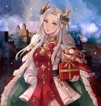  1girl blue_sky cape castle christmas closed_mouth commentary edelgard_von_hresvelg eyelashes fire_emblem fire_emblem:_three_houses fur-trimmed_cape fur_trim gift gloves green_cape highres holding holding_gift jewelry long_hair looking_at_viewer neck_ring purple_eyes red_cape schereas sky solo two-sided_cape two-sided_fabric two-tone_cape white_gloves white_hair 